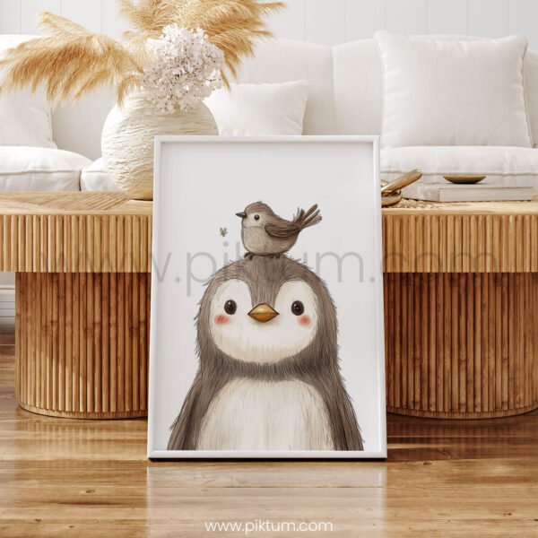 Penguin with Bird on Top – Cute Animal Wall Art