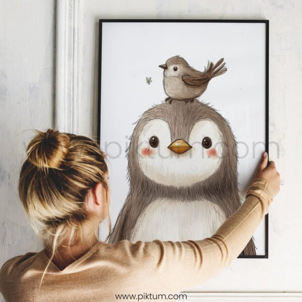 Penguin with Bird on Top – Cute Animal Wall Art