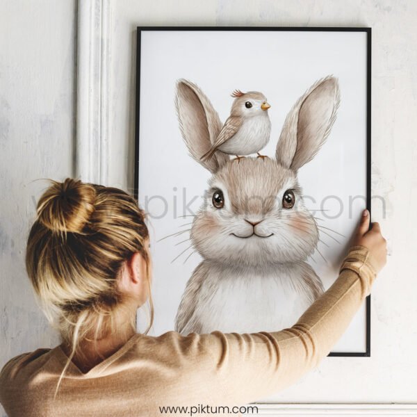 Bunny with Bird on Top – Cute Animal Wall Art
