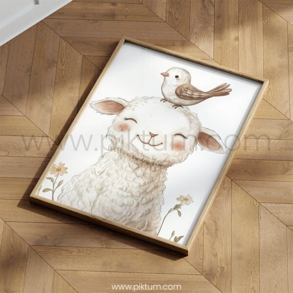Lamb with Bird on Top – Cute Animal Wall Art