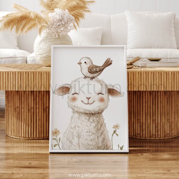 Lamb with Bird on Top – Cute Animal Wall Art