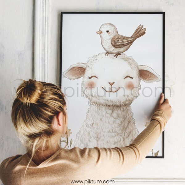Lamb with Bird on Top – Cute Animal Wall Art