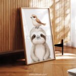 Sloth with Bird on Top – Cute Animal Wall Art