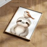 Sloth with Bird on Top – Cute Animal Wall Art