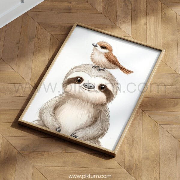 Sloth with Bird on Top – Cute Animal Wall Art