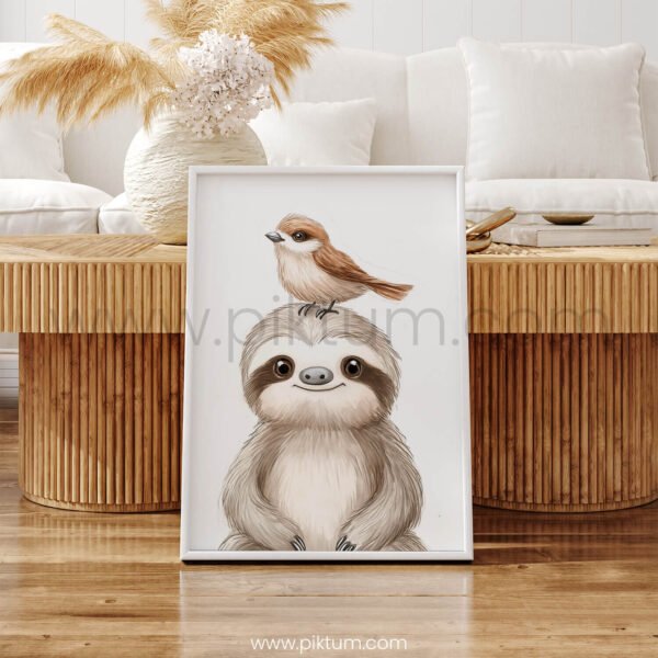Sloth with Bird on Top – Cute Animal Wall Art