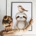 Sloth with Bird on Top – Cute Animal Wall Art
