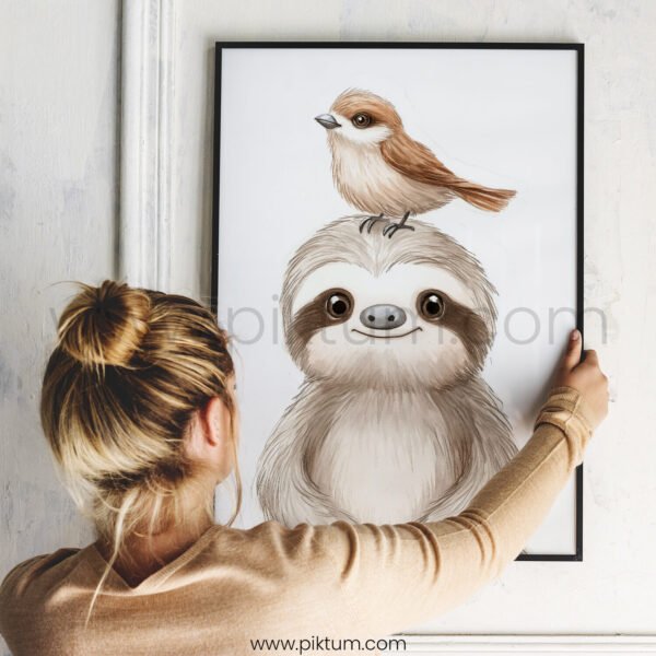 Sloth with Bird on Top – Cute Animal Wall Art