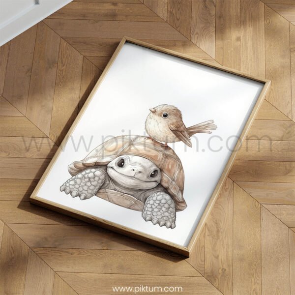 Tortoise with Bird on Top – Cute Animal Wall Art