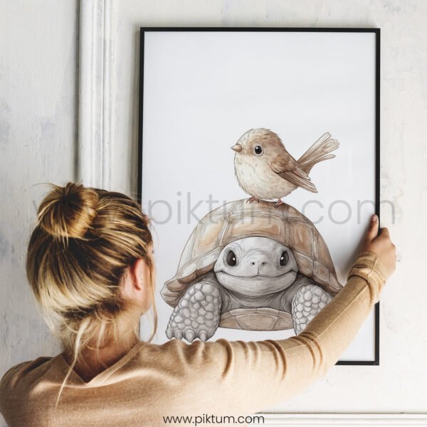 Tortoise with Bird on Top – Cute Animal Wall Art