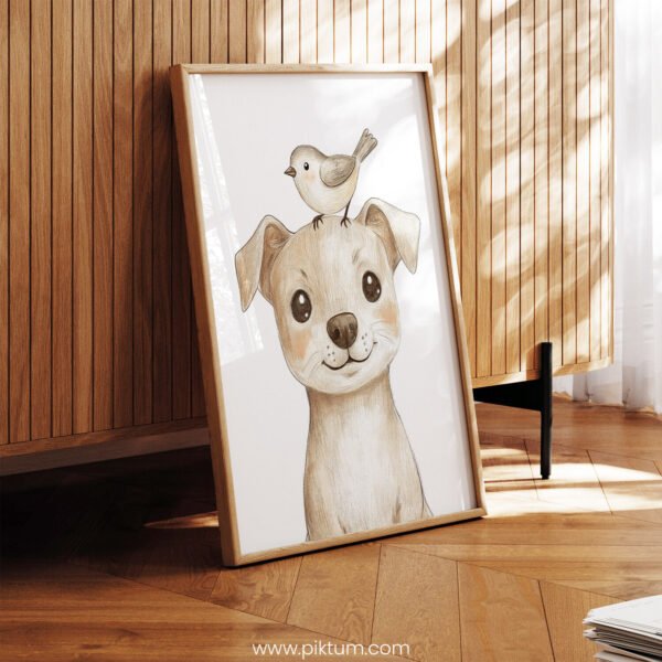 Smiling Dog with Bird on Top – Cute Animal Wall Art