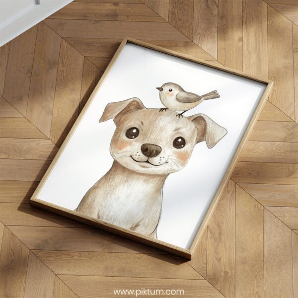 Smiling Dog with Bird on Top – Cute Animal Wall Art