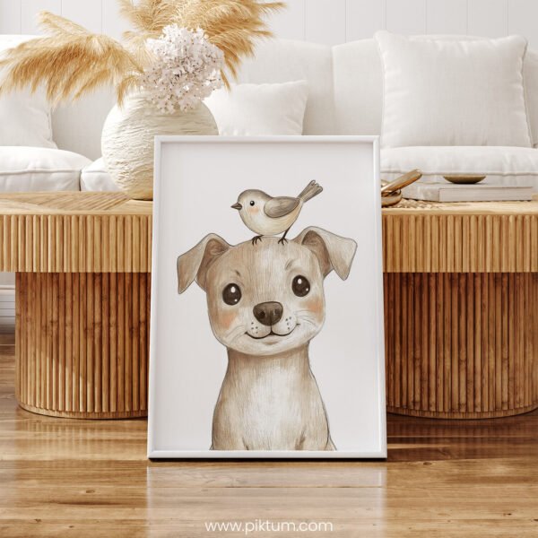 Smiling Dog with Bird on Top – Cute Animal Wall Art