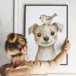 Smiling Dog with Bird on Top – Cute Animal Wall Art