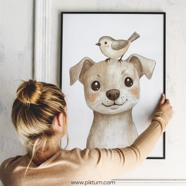 Smiling Dog with Bird on Top – Cute Animal Wall Art