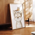 Smiling Fox with Bird on Top – Cute Animal Wall Art