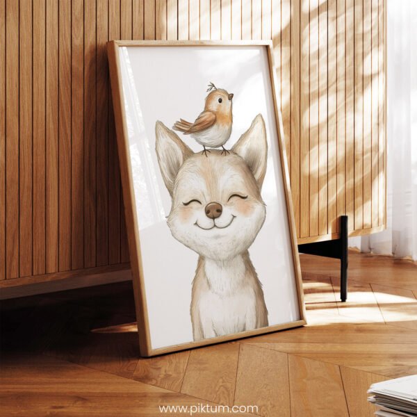 Smiling Fox with Bird on Top – Cute Animal Wall Art