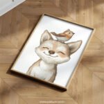 Smiling Fox with Bird on Top – Cute Animal Wall Art