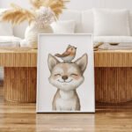 Smiling Fox with Bird on Top – Cute Animal Wall Art
