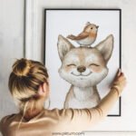 Smiling Fox with Bird on Top – Cute Animal Wall Art