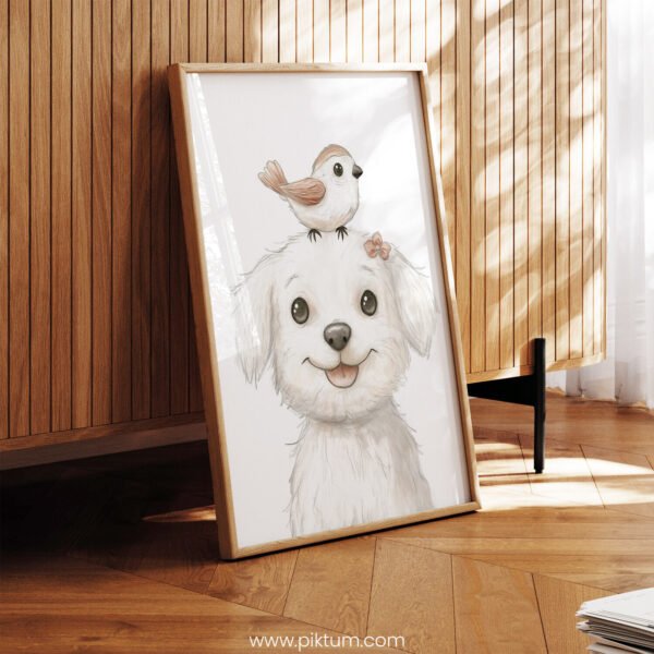 Smiling Puppy with Bird on Top – Cute Animal Wall Art