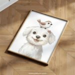 Smiling Puppy with Bird on Top – Cute Animal Wall Art