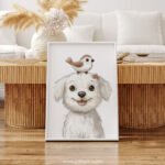 Smiling Puppy with Bird on Top – Cute Animal Wall Art