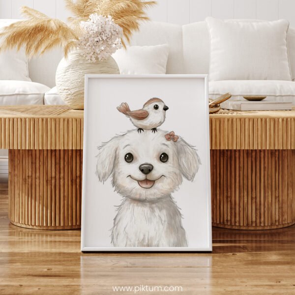 Smiling Puppy with Bird on Top – Cute Animal Wall Art