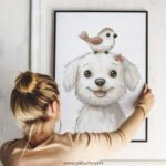 Smiling Puppy with Bird on Top – Cute Animal Wall Art