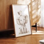 Smiling Elephant with Bird on Top – Cute Animal Wall Art