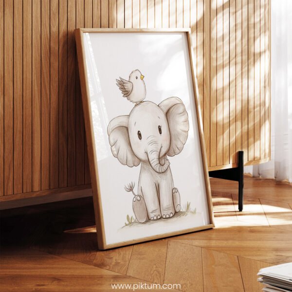 Smiling Elephant with Bird on Top – Cute Animal Wall Art