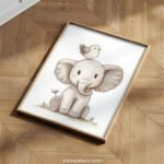 Smiling Elephant with Bird on Top – Cute Animal Wall Art