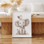 Smiling Elephant with Bird on Top – Cute Animal Wall Art