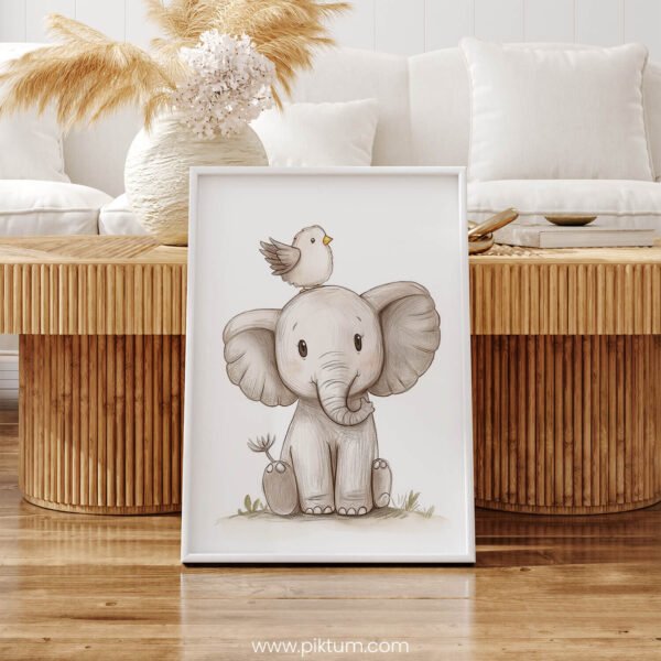 Smiling Elephant with Bird on Top – Cute Animal Wall Art