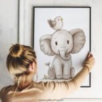 Smiling Elephant with Bird on Top – Cute Animal Wall Art