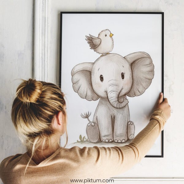 Smiling Elephant with Bird on Top – Cute Animal Wall Art