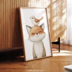 Smiling Baby Fox with Bird on Top – Cute Animal Wall Art