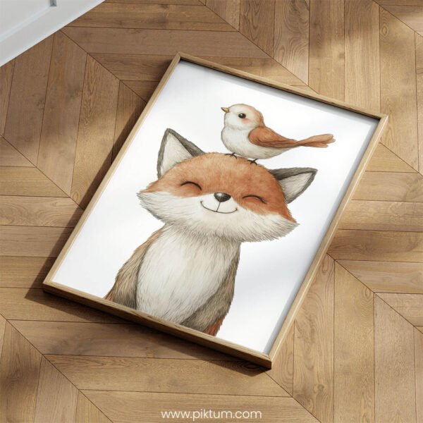 Smiling Baby Fox with Bird on Top – Cute Animal Wall Art