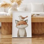 Smiling Baby Fox with Bird on Top – Cute Animal Wall Art