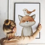 Smiling Baby Fox with Bird on Top – Cute Animal Wall Art