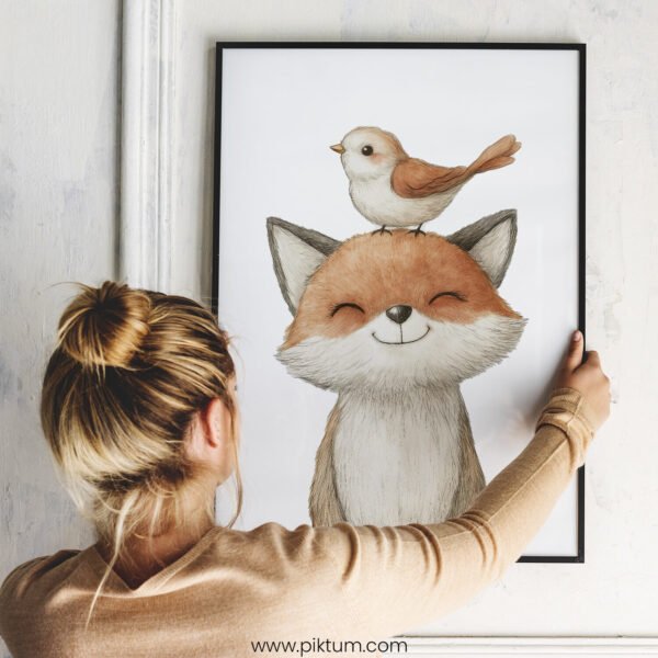 Smiling Baby Fox with Bird on Top – Cute Animal Wall Art