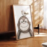 Smiling Baby Monkey with Bird on Top – Cute Animal Wall Art