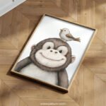 Smiling Baby Monkey with Bird on Top – Cute Animal Wall Art