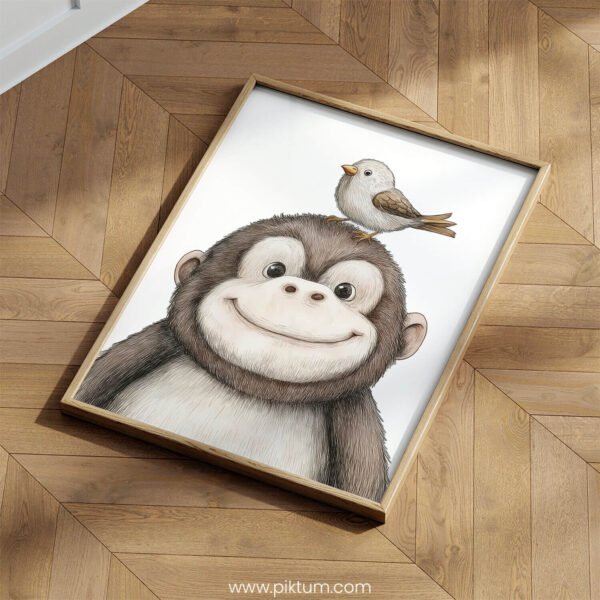 Smiling Baby Monkey with Bird on Top – Cute Animal Wall Art