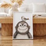 Smiling Baby Monkey with Bird on Top – Cute Animal Wall Art