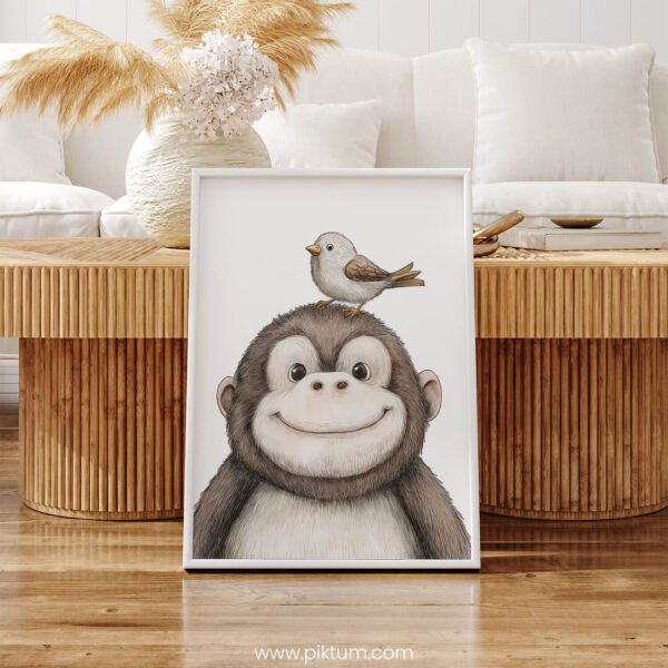 Smiling Baby Monkey with Bird on Top – Cute Animal Wall Art