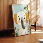 Cute Elephant with Hearts and Leaves – Playful Animal Wall Art