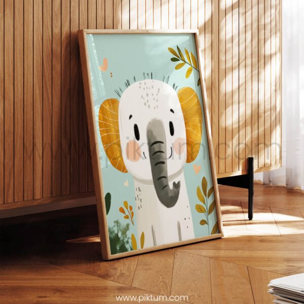 Cute Elephant with Hearts and Leaves – Playful Animal Wall Art