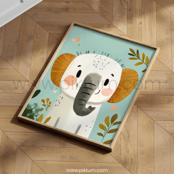 Cute Elephant with Hearts and Leaves – Playful Animal Wall Art