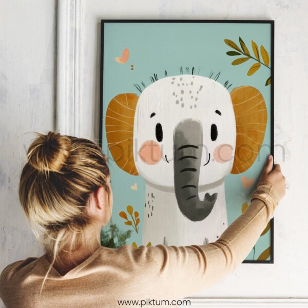 Cute Elephant with Hearts and Leaves – Playful Animal Wall Art